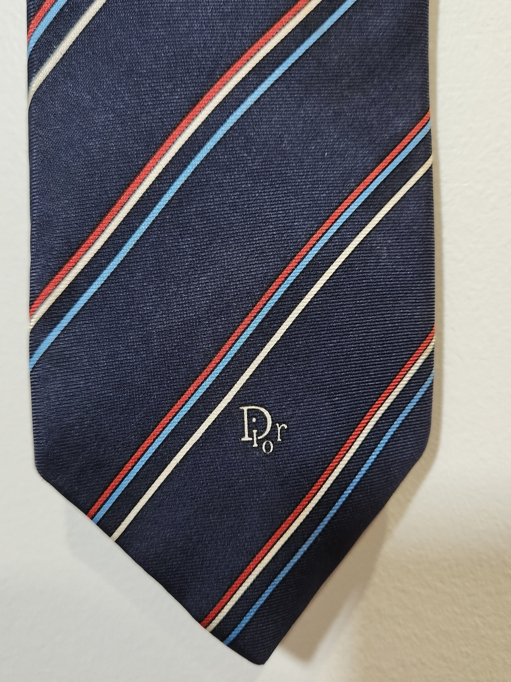 Dior Navy Silk Tie with Red, Light Blue and White Stripes